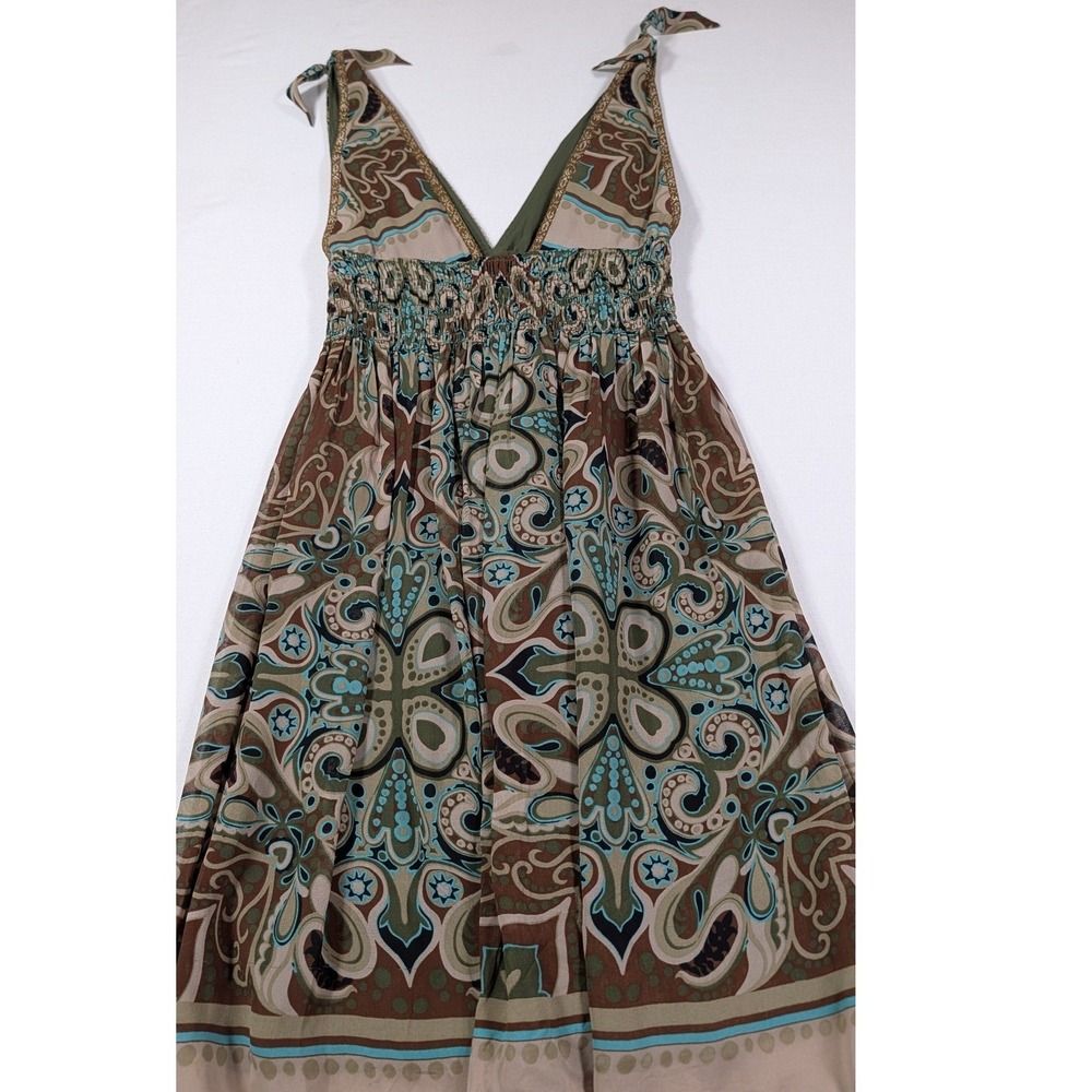 Womens Boho Paisley Print Smocked Waist V-Neck Tie Strap Summer Dress Brown Blue